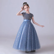 Blue Shiny Tulle Bow Sequin Flower Girl Dress O-Neck Kids Birthday Formal Princess Gown