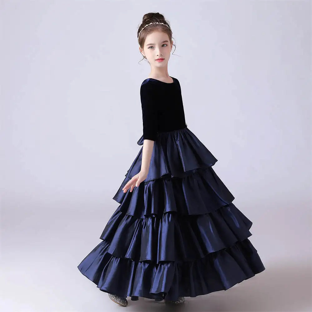 Satin Tiered Half Sleeve Bridesmaid Girls Dress