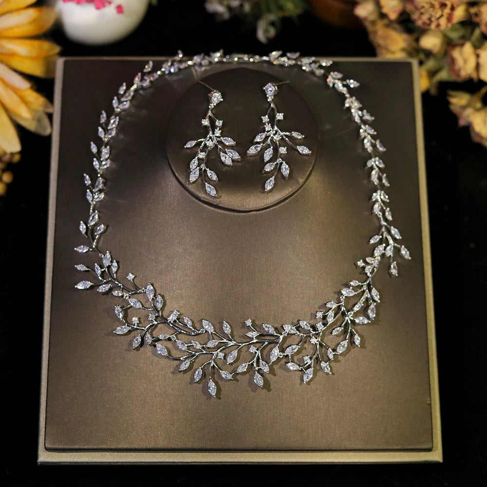 Cubic Zirconia Vine Jewelry Set – Bridal Necklace & Earrings for Women