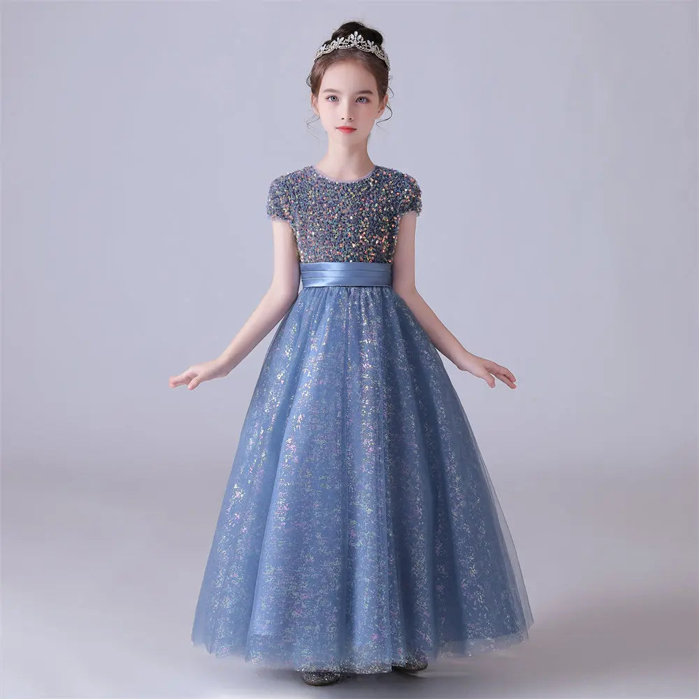 Blue Shiny Tulle Bow Sequin Flower Girl Dress O-Neck Kids Birthday Formal Princess Gown