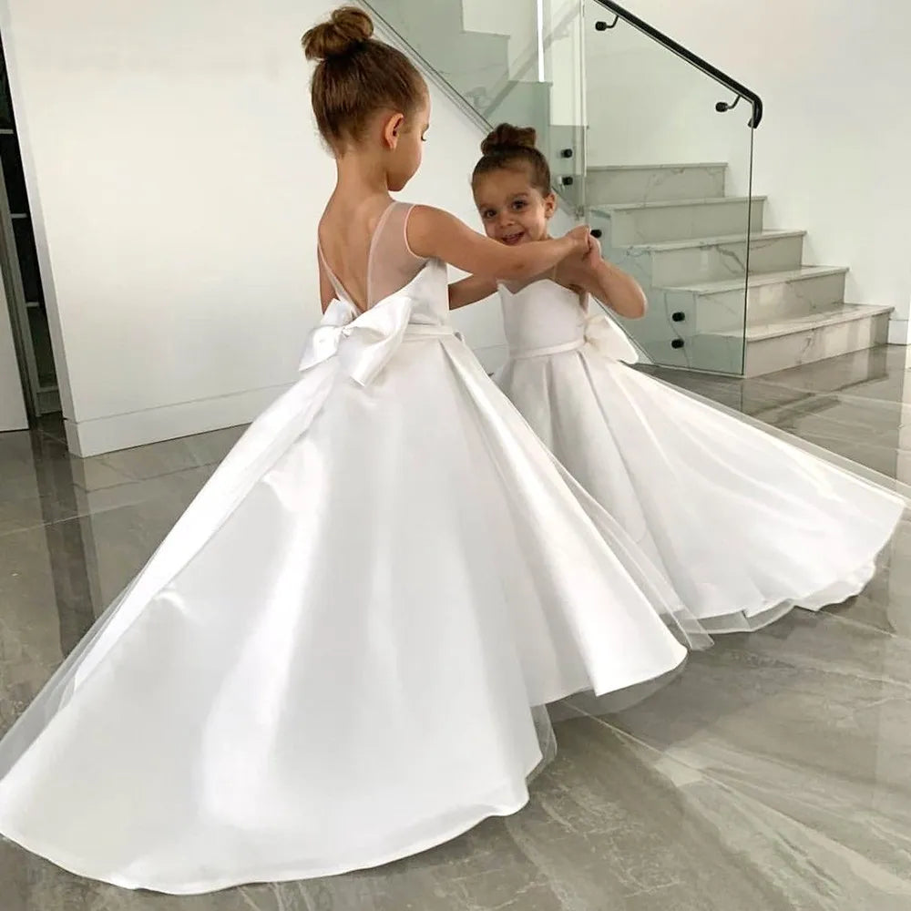 Simple White Child A-line Tulle Bow Flower Girl Dress