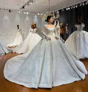 Elegant Full Beaded Lace Wedding Dress with Graceful Trumpet Sleeves