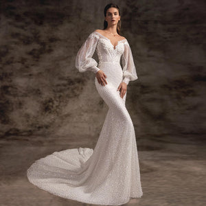 Long Puff Sleeve Lace Beaded Mermaid Wedding Dress Sexy Illusion Bridal Gown