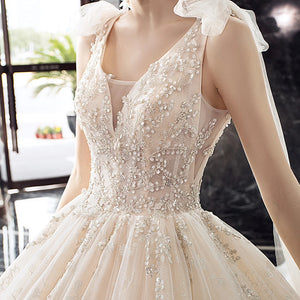Bow Shoulder V-Neck Lace Up Back Shiny Beading Crystal Sequins Gorgeous Ball Gown