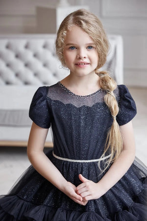 Black Ball Gown Cap Sleeves Tulle Tiered Girls Dress