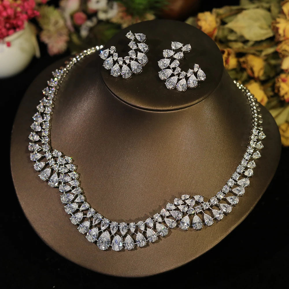 Luxury Geometric Zircon Wedding Necklace & Earring Jewelry Set for Women