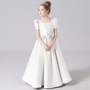 Lace Up Elegant Girls Gown Pageant Soft Satin Flower Girl Dress