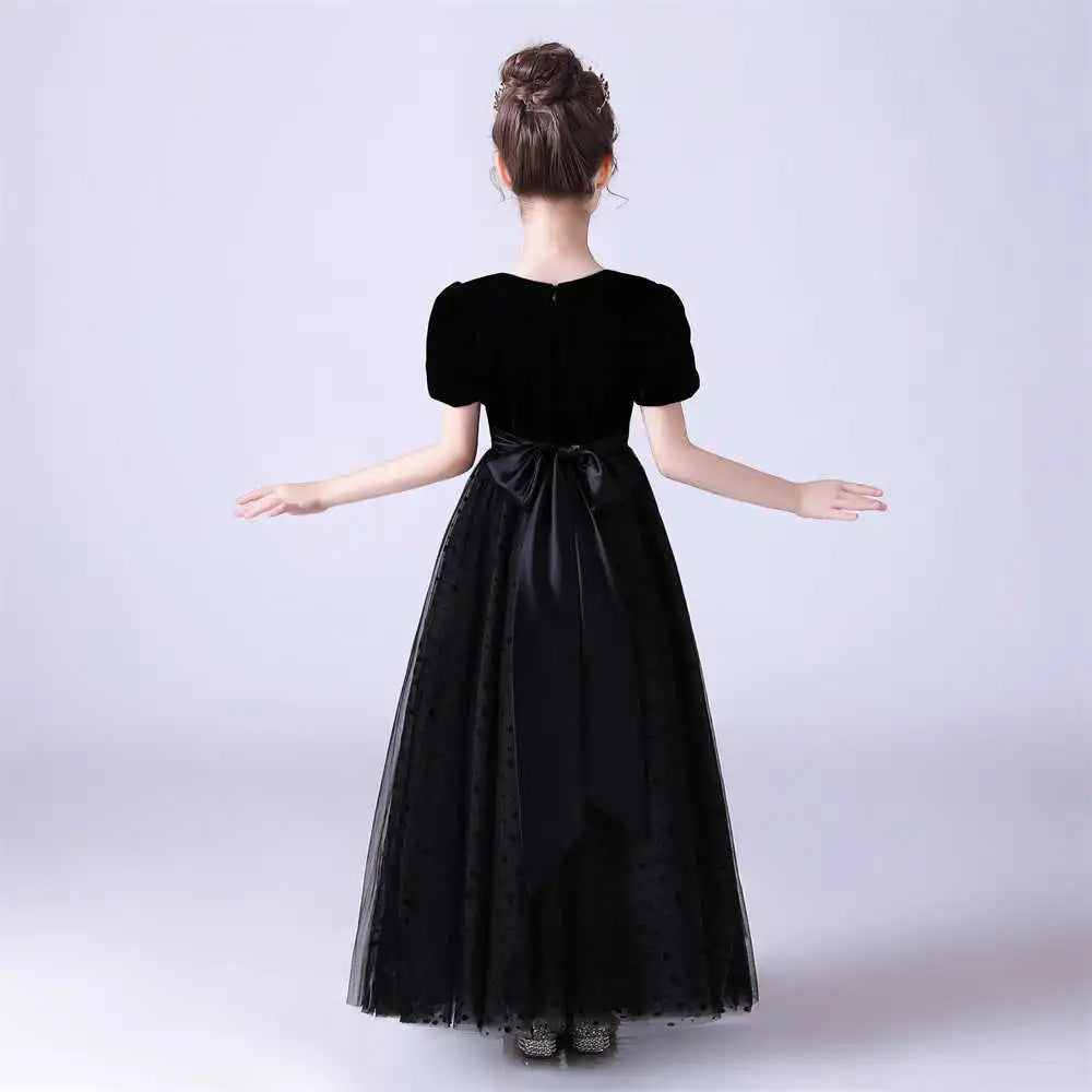 Polka dot Tulle Puff Sleeves Black Girls Dress