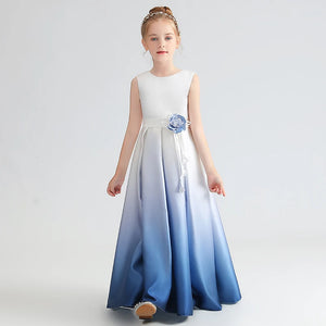 Gradient Blue Long Satin Formal Sleeveless Girls Dress