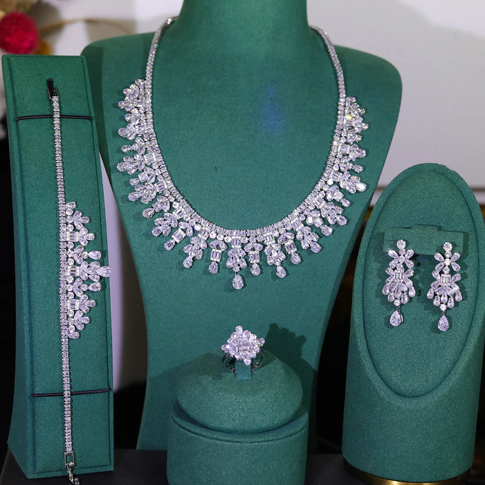 Bridal 4Pcs White Zirconia Jewelry Set – Necklace, Earrings, Ring & Bracelet