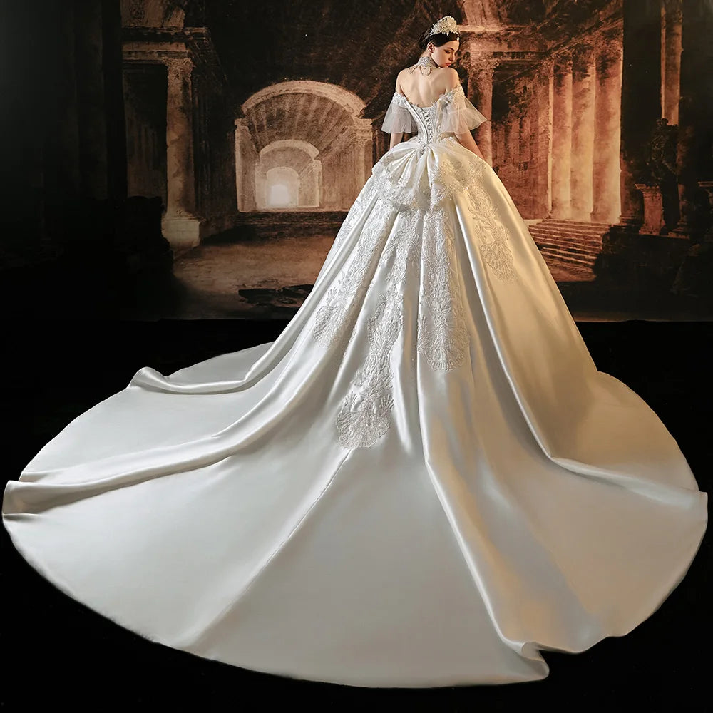 Elegant Satin Wedding Dress Short Sleeves Boat Neck Lace-Up Bow Elsi John Elegant Satin Wedding Dress Short Sleeves Boat Neck Lace-Up Bow Elsi John