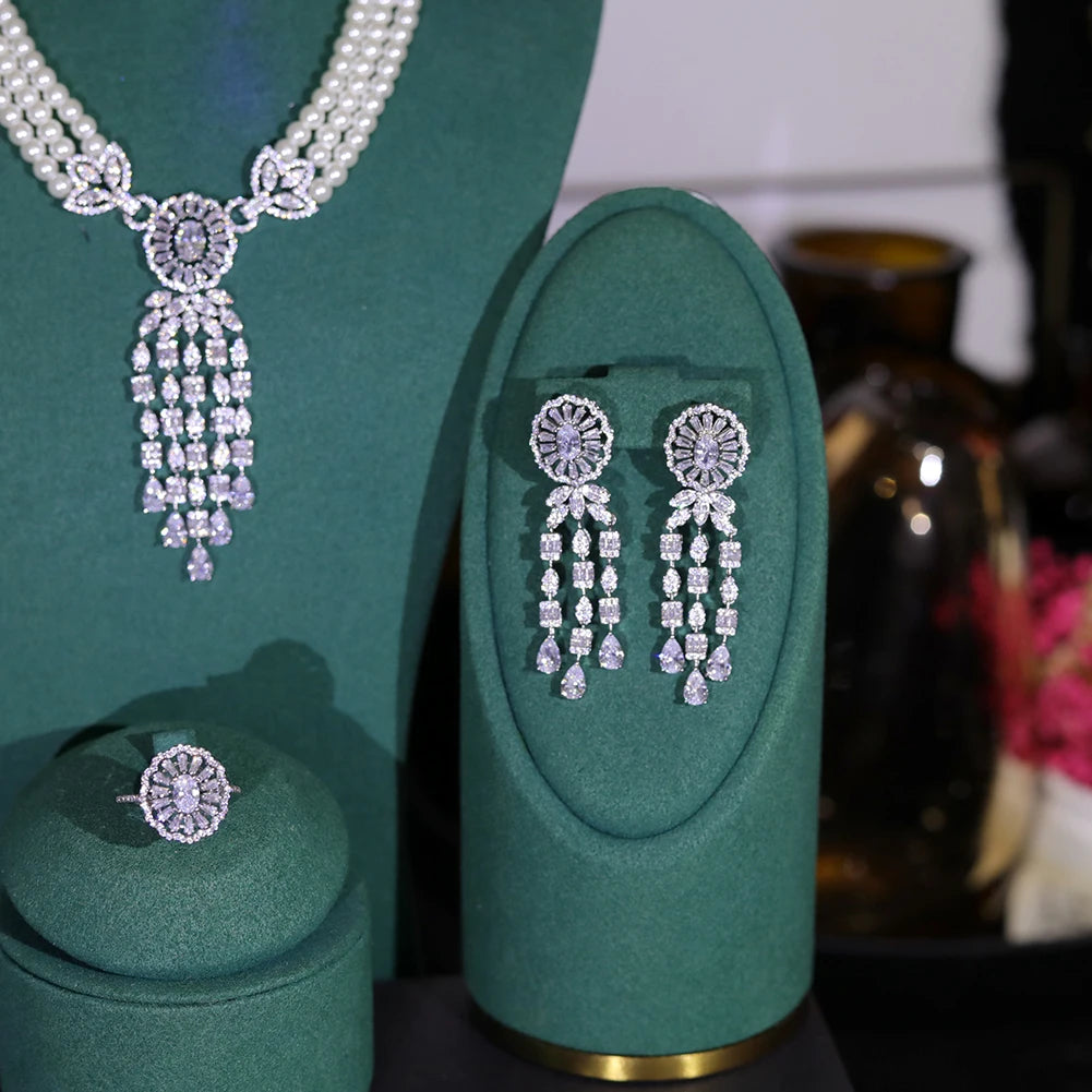 Dubai Bridal 4PCS Pearl Jewelry Set – Necklace, Earrings & Tassel Pendant