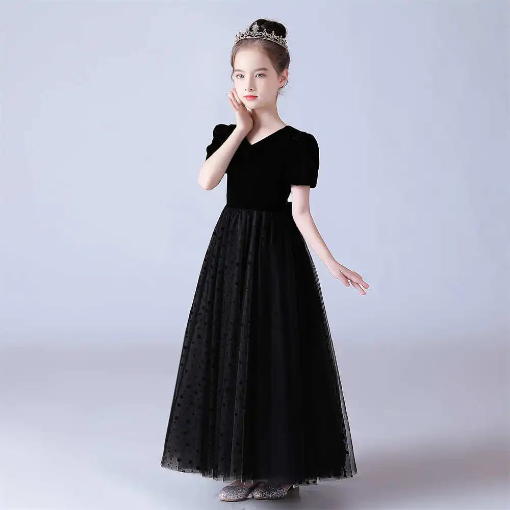 Polka dot Tulle Puff Sleeves Black Girls Dress