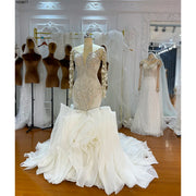 Luxury Mermaid Beading Bridal Wedding Dress with Dramatic Ruffles and Elegant Detailing