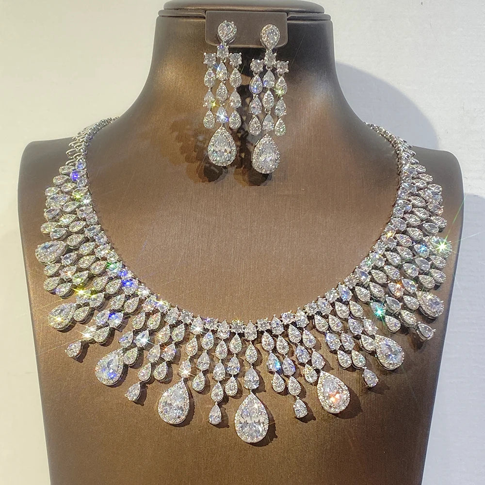 Luxury Water Drop Tassel Jewelry Set with White Cubic Zirconia for Brides
