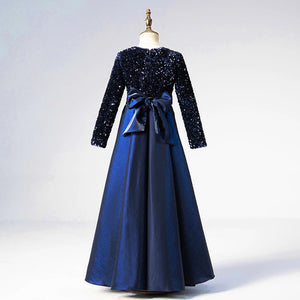 Navy Blue Long Sleeves Sequin Elegant Girl Party Dress