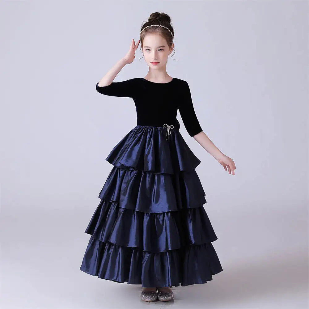 Satin Tiered Half Sleeve Bridesmaid Girls Dress