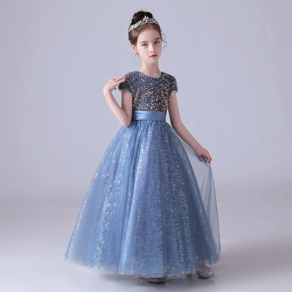 Blue Shiny Tulle Bow Sequin Flower Girl Dress O-Neck Kids Birthday Formal Princess Gown