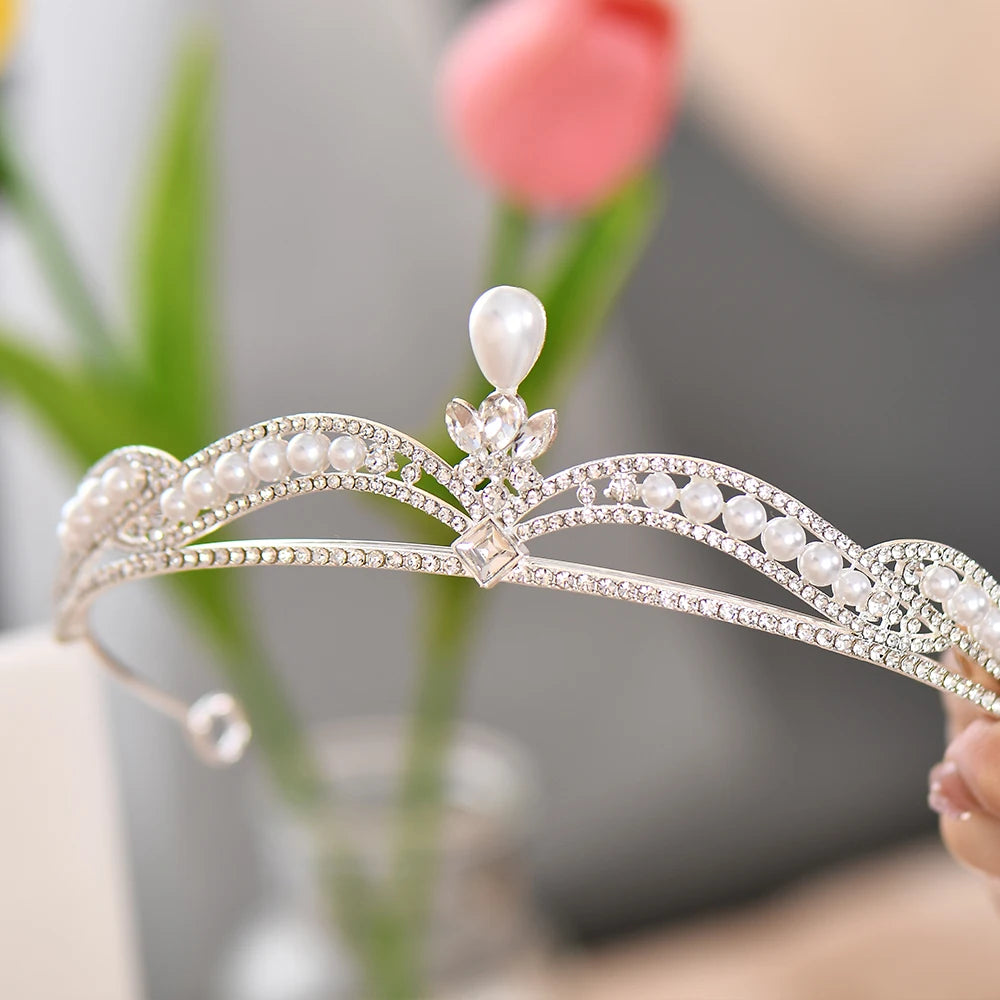 Elegant Crystal & Pearl Queen Crown Headband – Bridal Rhinestone Tiara for Women