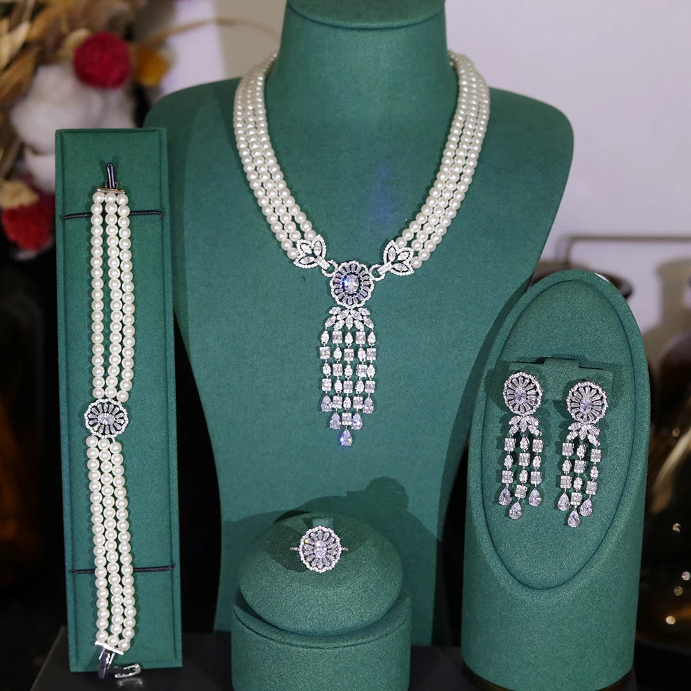 Dubai Bridal 4PCS Pearl Jewelry Set – Necklace, Earrings & Tassel Pendant