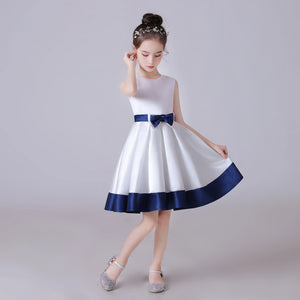 White Short Skirt Girls Dress O-Neck Satin Bow Party Dress