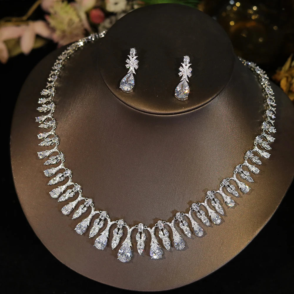 Luxury White CZ Water Drop Necklace Set – Elegant Jewelry for Women