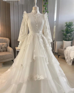 Graceful High Neck Muslim Wedding Dress  Puff Sleeve Arabic Dubai Lace Arabic Bridal Gown