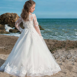 Long Sleeves Ball Gowns With Pearls Sash Princess Dress