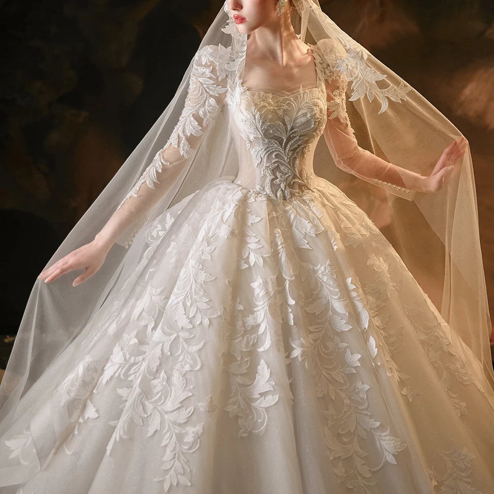Princess Square Collar Full Sleeve Ball Gown Lace-Up Wedding Dress