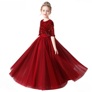 Sequin Tulle Long Gown for Girls with Half Sleeves – Party, Pageant, or Wedding Dress