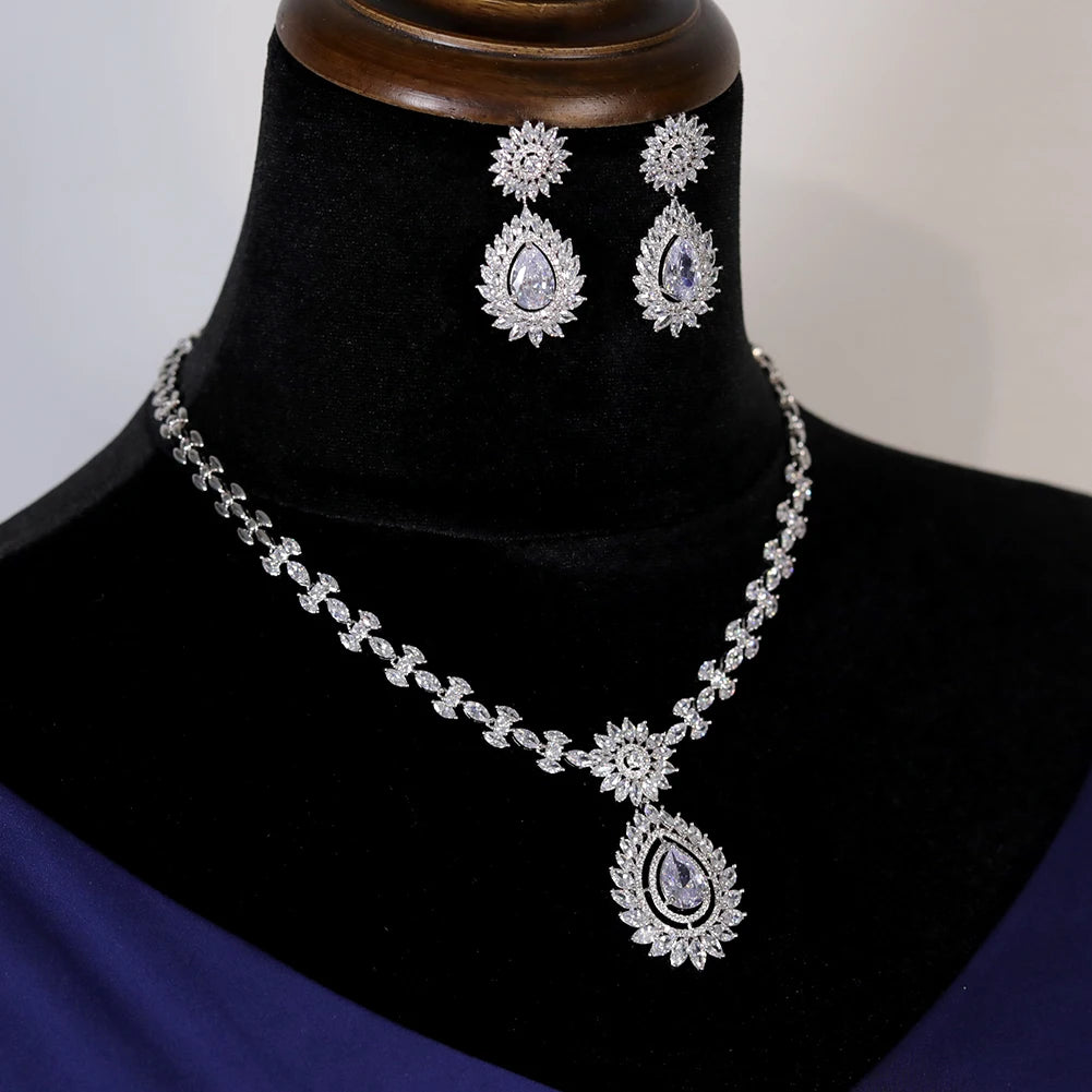 Sparkling Cubic Zirconia Pendant Necklace and Earring Set for Wedding and Party
