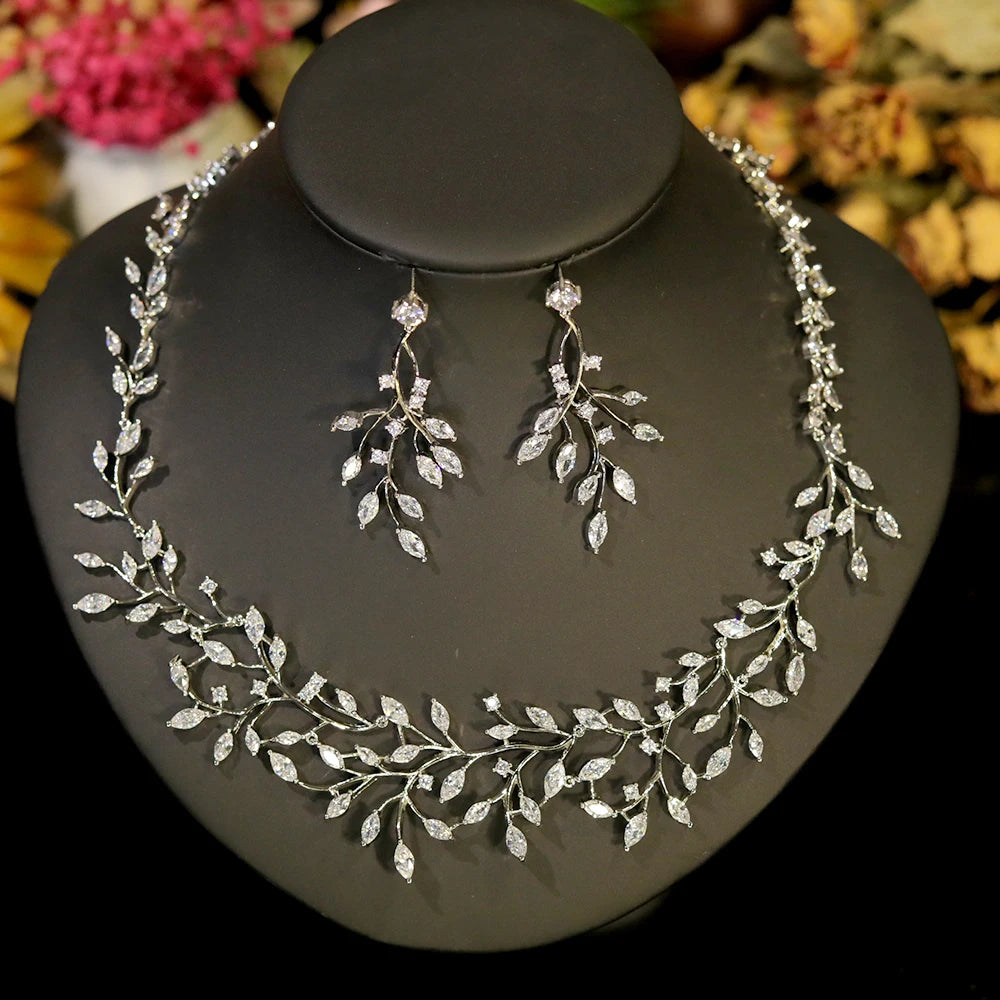 Cubic Zirconia Vine Jewelry Set – Bridal Necklace & Earrings for Women