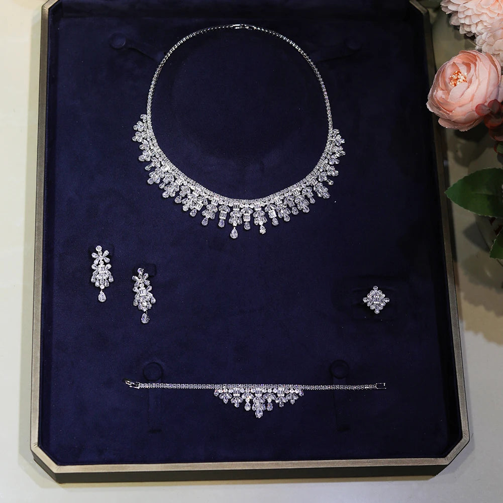 Bridal 4Pcs White Zirconia Jewelry Set – Necklace, Earrings, Ring & Bracelet