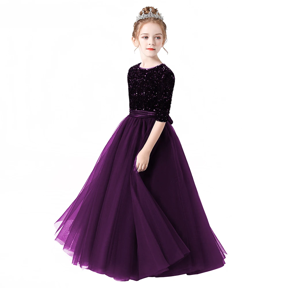 Sequin Tulle Long Gown for Girls with Half Sleeves – Party, Pageant, or Wedding Dress