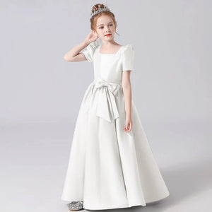 Lace Up Elegant Girls Gown Pageant Soft Satin Flower Girl Dress