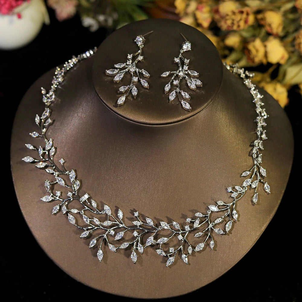 Cubic Zirconia Vine Jewelry Set – Bridal Necklace & Earrings for Women