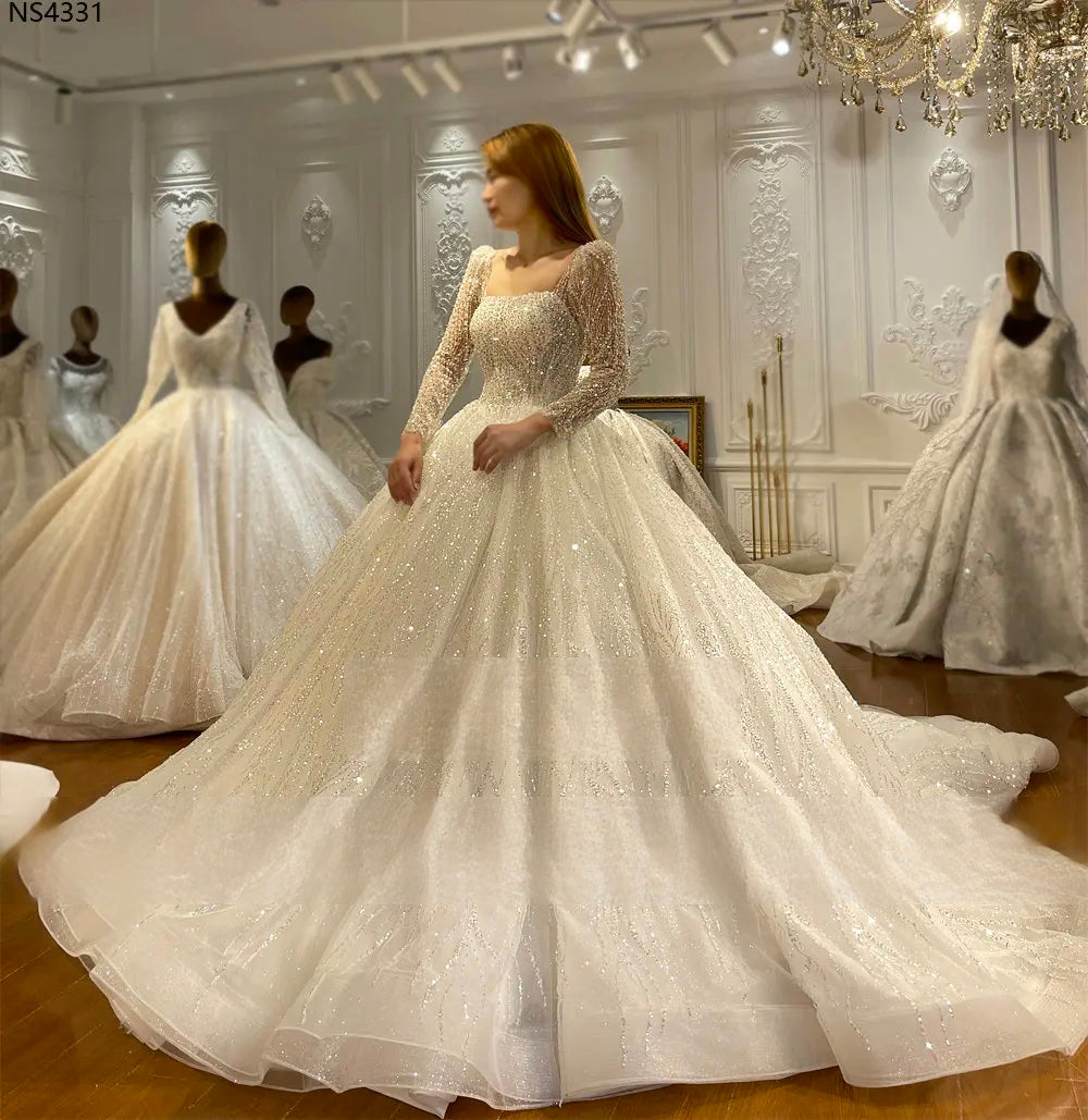 Vintage Long Sleeve Beaded Ball Gown Bridal Gown Elegant Wedding Dress