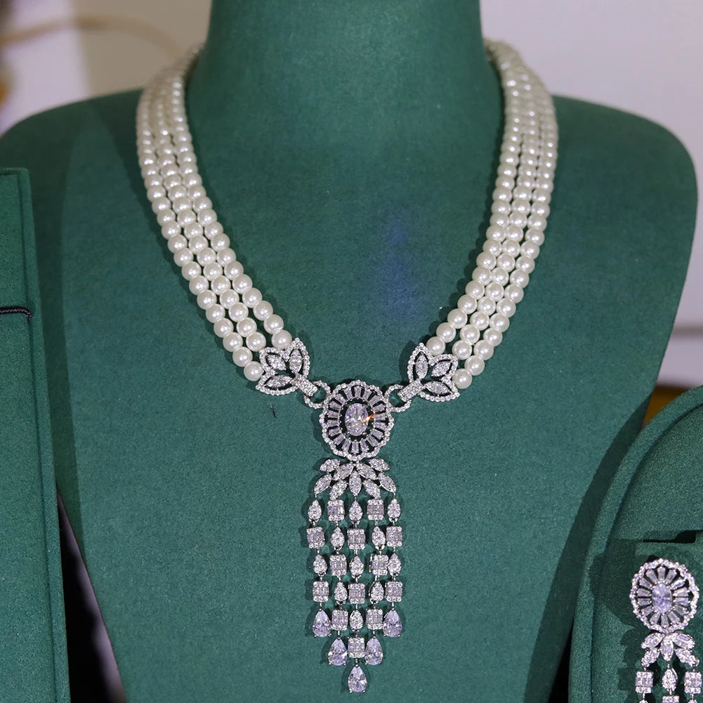 Dubai Bridal 4PCS Pearl Jewelry Set – Necklace, Earrings & Tassel Pendant