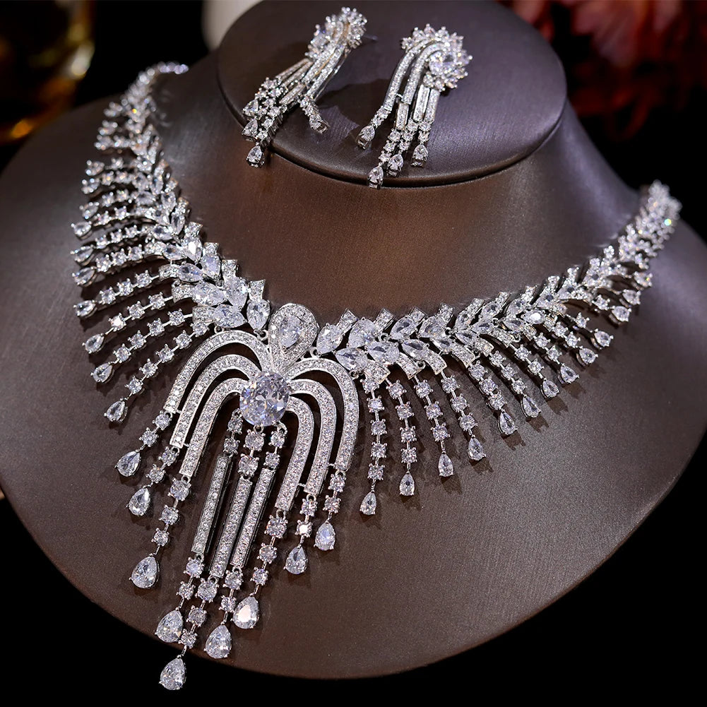 Luxury CZ Tassel Necklace Set – 2pcs Bridal Party Jewelry