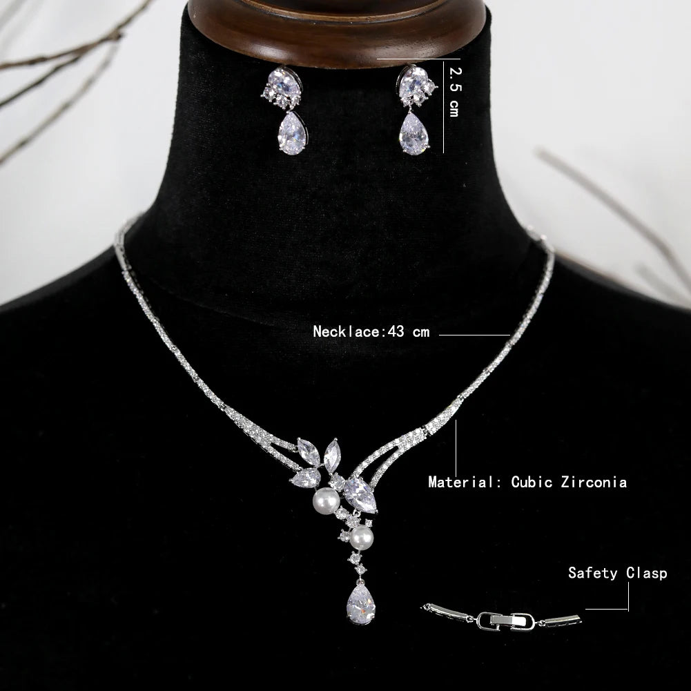 Elegant Pearl Jewelry Set – Zirconia Pendant Necklace & Drop Earrings, 2PCS Gift