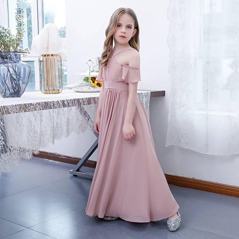 Dusty Pink Off Shoulder Chiffon Junior Bridesmaid A-Line Long Dress fo Elsi John Dusty Pink Off Shoulder Chiffon Junior Bridesmaid A-Line Long Dress fo Elsi John