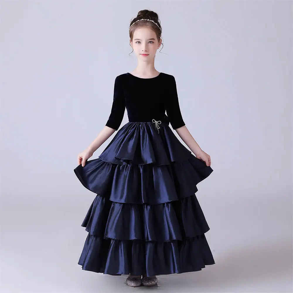 Satin Tiered Half Sleeve Bridesmaid Girls Dress