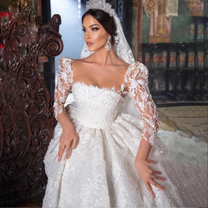 Glitter Beading Ball Gown Wedding Dress Three Quarter Sleeves Gorgeous Bridal Dress