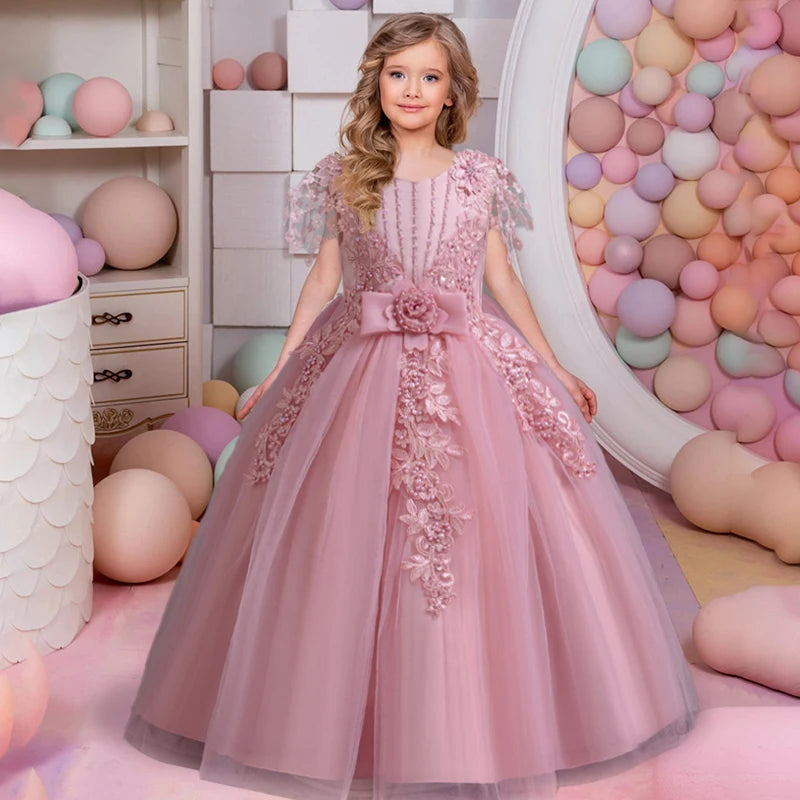 Girl's Flower Bow Lace Mesh Dress 4-12 Years for Birthday and Performance