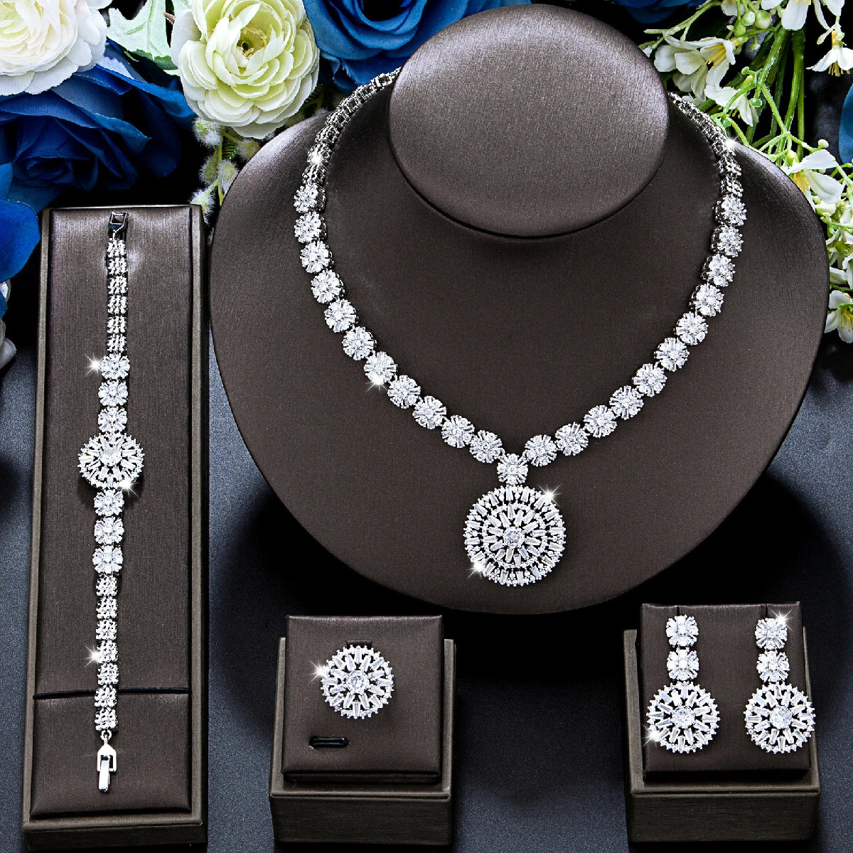 Elegant African Zirconia Bridal Jewelry Set – 4-Piece Necklace Bracelet Earrings Ring