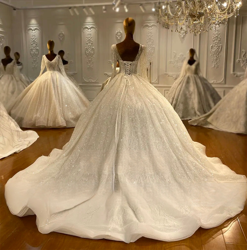 Vintage Long Sleeve Beaded Ball Gown Bridal Gown Elegant Wedding Dress