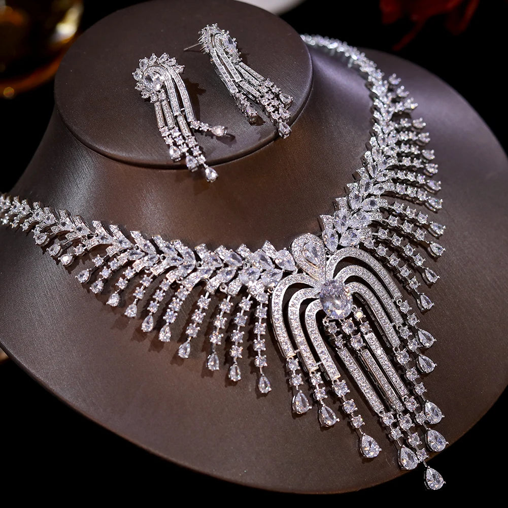 Luxury CZ Tassel Necklace Set – 2pcs Bridal Party Jewelry