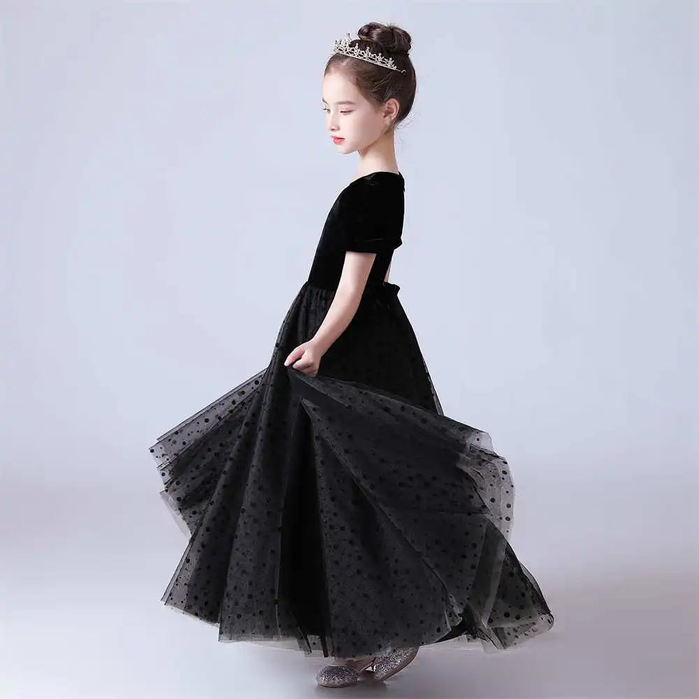 Polka dot Tulle Puff Sleeves Black Girls Dress