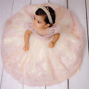 Cute Pink Lace Flower Girl Dress Baby Toddler Tulle Birthday Gown Kids Clothes For Wedding Birthday Party Short Sleeve Gown