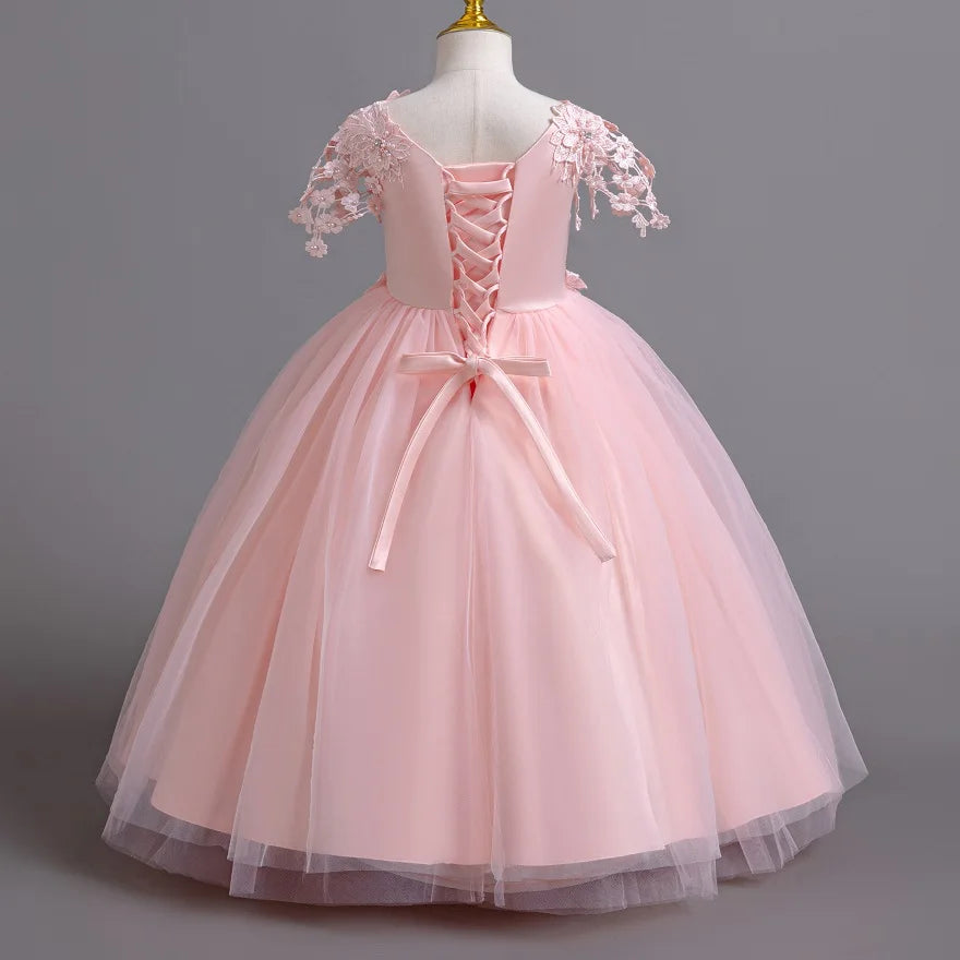 Girl's Flower Bow Lace Mesh Dress 4-12 Years for Birthday and Performance